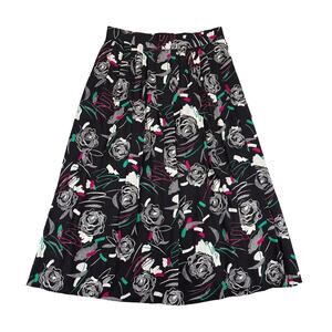 VTG 90s Abstract Floral Midi Skirt Women M Black Rayon Retro Greenwich Square